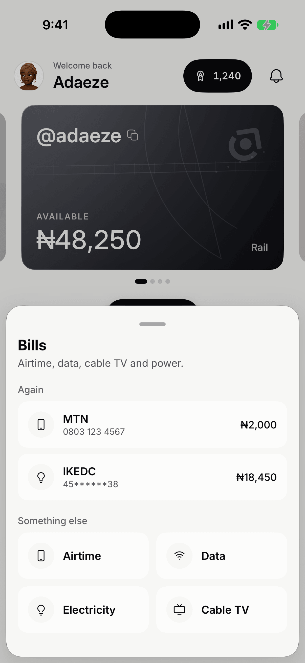 Bills in Taprail: recent MTN airtime and IKEDC payments, then airtime, data, electricity and cable TV