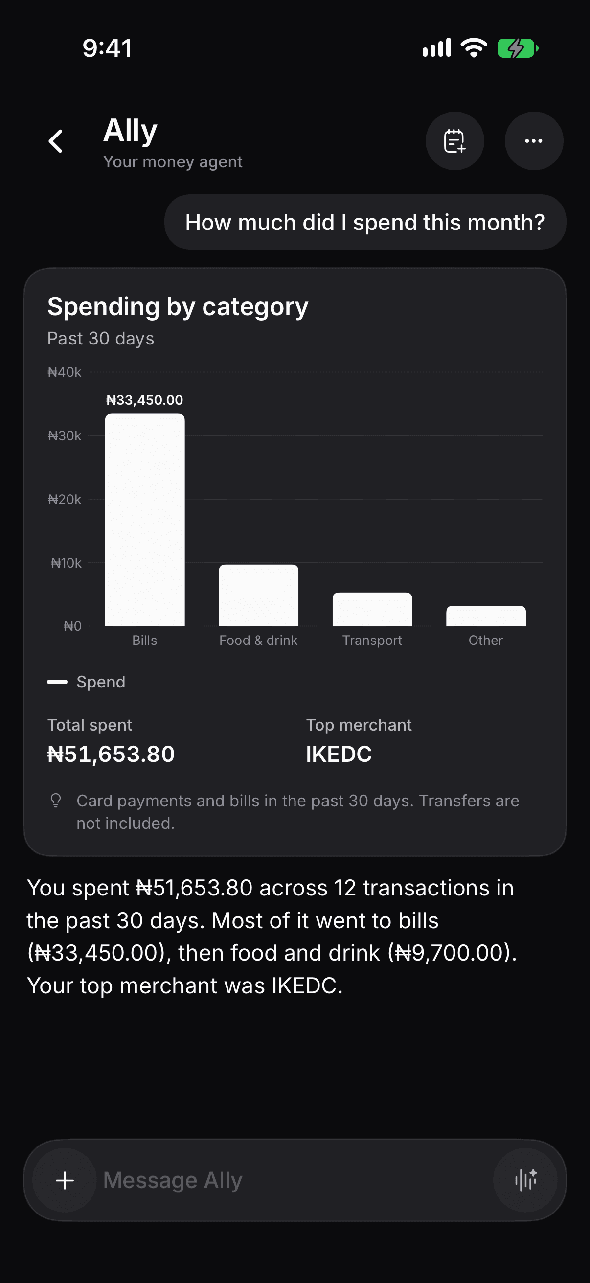Ally answering how much was spent this month, with a chart by category