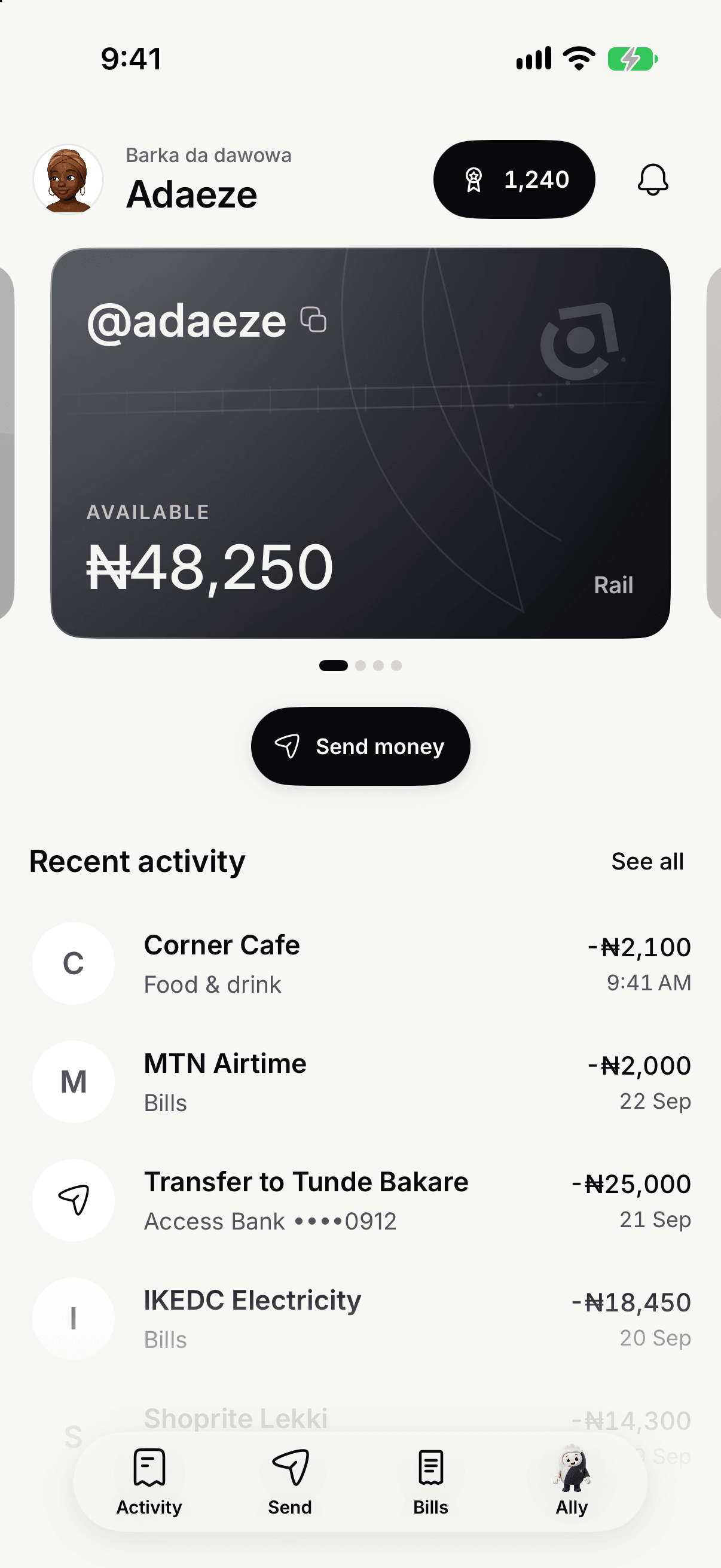 Taprail Home on iPhone: the balance card, Send money and recent activity