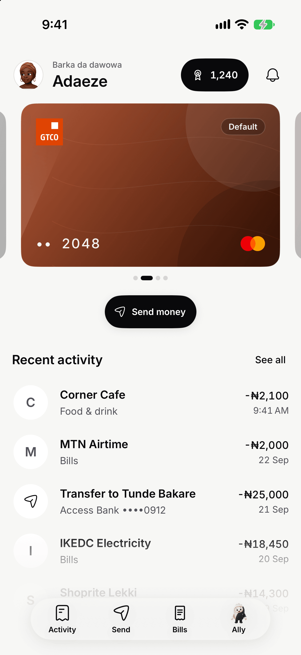 Taprail Home with the card carousel on a GTBank card ending 2048, marked Default
