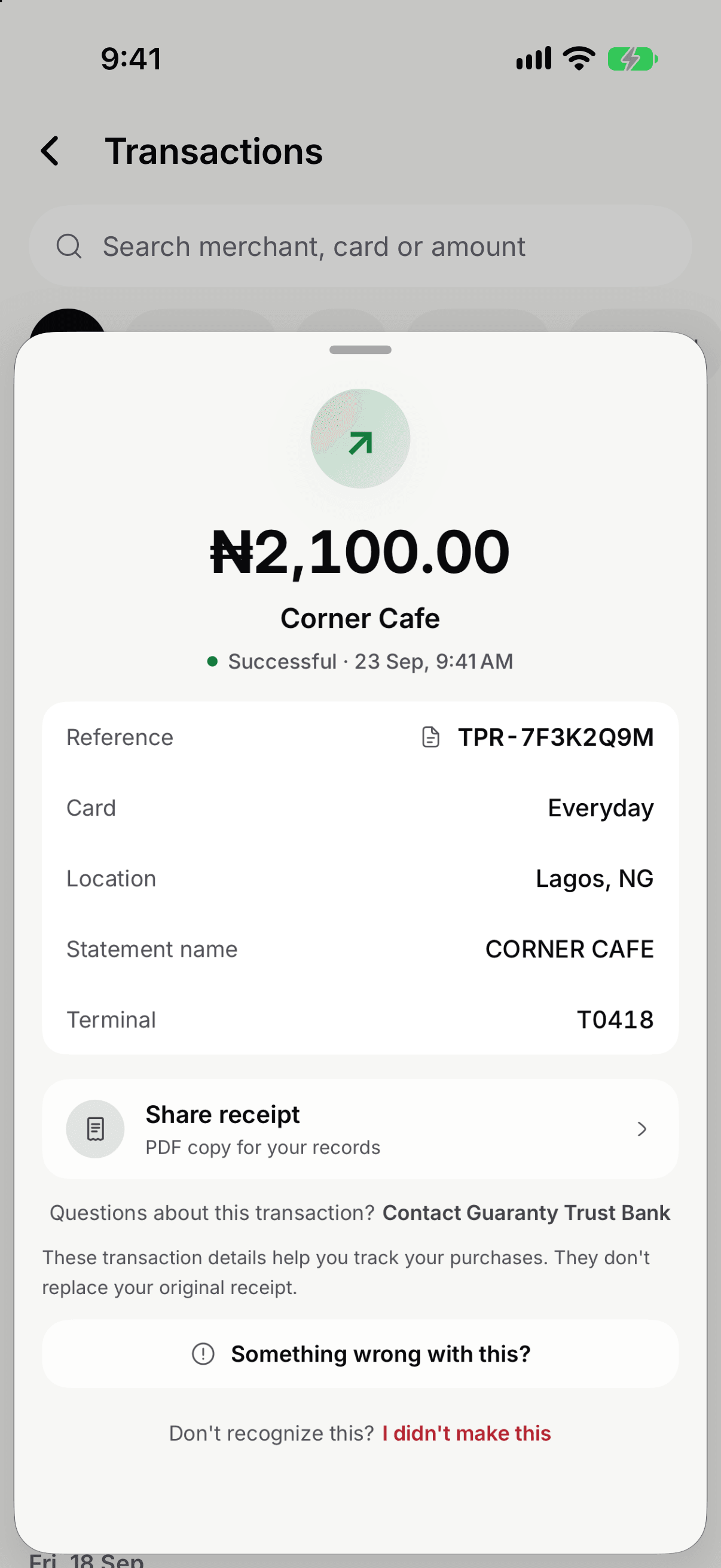 A ₦2,100 receipt for Corner Cafe in Taprail, with a Share receipt button