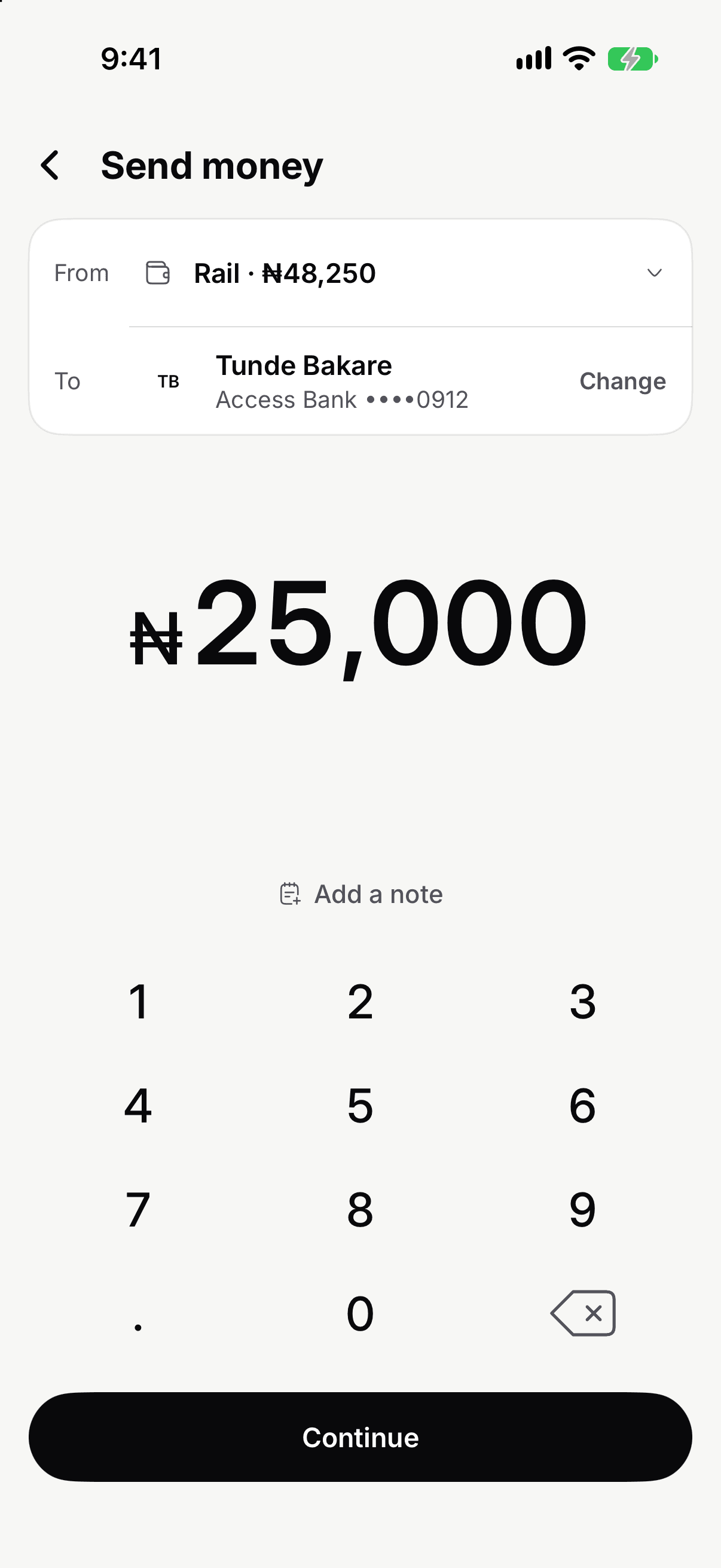 Sending ₦25,000 to Tunde Bakare at Access Bank in Taprail, with a Continue button